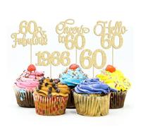 Gyufise 30Pcs 60th Birthday Cupcake Toppers 60 Fabulous Cupcake Picks Cheers to 60 1966 Cake Decorations for Happy 60th Birthday Wedding Anniversary Party Decoration Supplies Gold