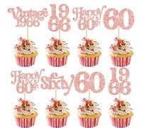 Gyufise 30Pcs 60th Birthday Cupcake Toppers Vintage 1966 Cheers to 60 Fabulous Sixty Cupcake Picks Decorations for 60th Birthday Wedding Anniversary Party Cake Decorations Supplies Rose Gold