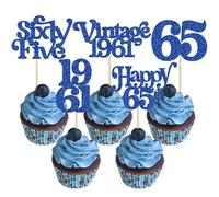 Gyufise 30Pcs 65th Birthday Cupcake Toppers Glitter Vintage 1961 Cheers to 65 Fabulous Sixty Five Cupcake Picks 65th Birthday Wedding Anniversary Party Cake Decorations Supplies Blue