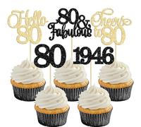 Gyufise 30Pcs 80th Birthday Cupcake Toppers 80 Fabulous Cupcake Picks Cheers to 80 1946 Cake Decorations for Happy 80th Birthday Wedding Anniversary Party Decoration Supplies Gold Black