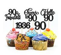 Gyufise 30Pcs 90th Birthday Cupcake Toppers 90 Fabulous Cupcake Picks Cheers to 90 1936 Cake Decorations for Happy 90th Birthday Wedding Anniversary Party Decoration Supplies Black