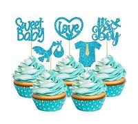 Gyufise 30Pcs Baby Shower Cupcake Toppers Glitter Tie Onesie Love Heart Sweet Baby Cupcake Picks It's a Boy Cake Decorations for Baby Shower Gender Reveal Kids Boys Birthday Party Supplies Blue