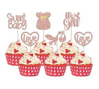 Gyufise 30Pcs Baby Shower Sweet Baby Cupcake Toppers It's a Girl Cupcake Picks Glitter Bow Dress Love Heart Cake Picks Decorations for Gender Reveal Baby Shower Girls Birthday Party Supplies Rose Gold