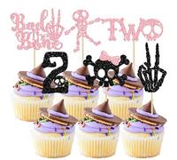 Gyufise 30Pcs Bad Two The Bone Cupcake Toppers Rock n Roll 2nd Birthday Skeleton Birthday Cake Toppers Bone Skull Second Bday Party Decor Black Born 2 Rock Music Bday Supplies Boy Girl Pink Black