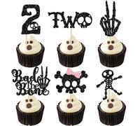 Gyufise 30Pcs Bad Two The Bone Cupcake Toppers Rock n Roll 2nd Birthday Skeleton Birthday Cake Toppers Bone Skull Second Bday Party Decor Black Born 2 Rock Music Bday Supplies Boy Girl Black