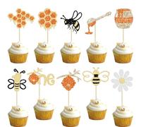 Gyufise 30Pcs Bee One Cupcake Toppers Glitter Honeycomb Number 1 Bee Cupcake Picks 1st Birthday Decorations for Bumble Bee Theme Baby Shower Kids Boys Girls First Birthday Party Supplies
