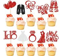 Gyufise 30Pcs Bride to Be Cupcake Toppers Glitter Diamond Ring I Do Love Cupcake Picks Miss to Mrs Bridal Shower Wedding Engagement Bachelorette Cake Decoration Red