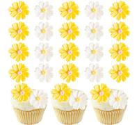 Gyufise 30Pcs Daisy Cupcake Toppers Chrysanthemum Flower Cupcake Picks Gender Reveal Cake Decorations for Baby Shower Gender Reveal Boys Girls Birthday Party Supplies White Yellow 4