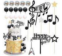 Gyufise 30Pcs Disco Ball Music Happy Birthday Cake Decorations Set Guitar Cake Toppers Glitter Star Music Notes Balls Cake Decorations for Musician Birthday Party Supplies Gold Black White