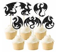 Gyufise 30Pcs Dragon Cupcake Toppers Glitter Fantasy Birthday Cupcake Picks for Flying Dragon Theme Baby Shower Kids Birthday Party Cake Decorations Supplies Black