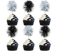 Gyufise 30Pcs Foil Firework Cupcake Toppers Sparkle Tinsel Cake Toppers Tinsel Drink Cake Decoration Cocktail Picks for Birthday Wedding Graduation Party Supplies Black Silver