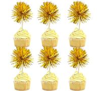 Gyufise 30Pcs Foil Firework Cupcake Toppers Sparkle Tinsel Cake Toppers Tinsel Drink Cake Decoration Cocktail Picks for Birthday Wedding Graduation Party Supplies Dark Gold