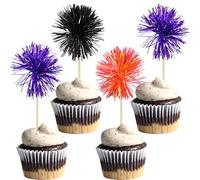 Gyufise 30Pcs Foil Firework Cupcake Toppers Sparkle Tinsel Cake Toppers Tinsel Drink Cake Decoration Cocktail Picks for Halloween Birthday Wedding Graduation Party Supplies Purple Black Orange