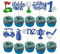 Gyufise 30Pcs Golf 1st Birthday Cupcake Toppers Glitter Golf Hole in One Cupcake Picks Decoration for Boys Baby Shower Kids First Birthday Golf Party Cake Decorations Blue