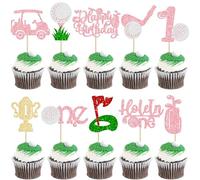 Gyufise 30Pcs Golf 1st Birthday Cupcake Toppers Glitter Hole in One Cupcake Picks Decoration for Boys Girls Baby Shower First Birthday Golf Party Decorations Pink