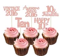 Gyufise 30Pcs Happy 10th Birthday Cupcake Toppers Glitter Ten Vintage 2016 Cupcake Picks Cheers to 10 Fabulous Cake Decorations for 10th Birthday Wedding Anniversary Party Supplies Rose Gold