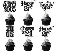 Gyufise 30Pcs Happy 21st Birthday Cupcake Toppers Glitter Twenty One Straight Outta 2005 Cupcake Picks Cheers to 21 Fabulous Cake Decorations for Happy 21st Birthday Anniversary Party Supplies Black