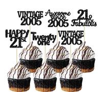 Gyufise 30Pcs Happy 21st Birthday Cupcake Toppers Glitter Twenty One Vintage 2005 Cupcake Picks Cheers to 21 Fabulous Cake Decorations for Happy 21st Birthday Wedding Anniversary Party Supplies Black