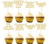 Gyufise 30Pcs Happy 21st Birthday Cupcake Toppers Glitter Twenty One Vintage 2005 Cupcake Picks Cheers to 21 Fabulous Cake Decorations for Happy 21st Birthday Wedding Anniversary Party Supplies Gold