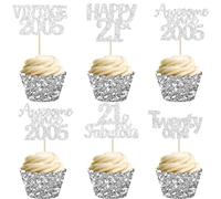 Gyufise 30Pcs Happy 21st Birthday Cupcake Toppers Glitter Twenty One Vintage 2005 Cupcake Picks Cheers to 21 Fabulous Cake Decorations for Happy 21st Birthday Wedding Anniversary Party Supplies Silver