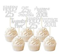 Gyufise 30Pcs Happy 25th Birthday Cupcake Toppers Glitter Twenty Five Vintage 2001 Cupcake Picks Cheers to 25 Fabulous Cake Decorations for Happy 25th Birthday Wedding Party Supplies Silver