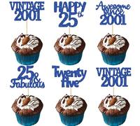 Gyufise 30Pcs Happy 25th Birthday Cupcake Toppers Glitter Twenty Five Vintage 2001 Cupcake Picks Cheers to 25 Fabulous Cake Decorations for Happy 25th Birthday Wedding Anniversary Party Supplies Blue
