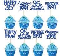 Gyufise 30Pcs Happy 35th Birthday Cupcake Toppers Glitter Thirty Five Vintage 1991 Cupcake Picks Cheers to 35 Fabulous Cake Decorations for Happy 35th Birthday Wedding Anniversary Party Supplies Blue