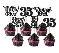Gyufise 30Pcs Happy 35th Birthday Cupcake Toppers Vintage 1991 Cheers to 35 Fabulous Thirty Five Cupcake Picks 35th Birthday Wedding Anniversary Party Cake Decorations Supplies Black