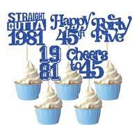 Gyufise 30Pcs Happy 45th Birthday Cupcake Toppers Glitter Forty Five Straight Outta 1981 Cupcake Picks Cheers to 45 Fabulous Cake Decorations for Happy 45th Birthday Party Supplies Blue