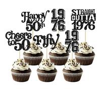Gyufise 30Pcs Happy 50th Birthday Cupcake Toppers Glitter Fifty Straight Outta 1976 Cupcake Picks Cheers to 50 Fabulous Cake Decorations for 50th Birthday Wedding Anniversary Party Supplies Black
