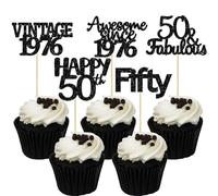 Gyufise 30Pcs Happy 50th Birthday Cupcake Toppers Glitter Fifty Vintage 1976 Cupcake Picks Cheers to 50 Fabulous Cake Decorations for 50th Birthday Wedding Anniversary Party Supplies Black