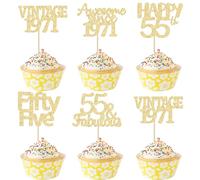 Gyufise 30Pcs Happy 55th Birthday Cupcake Toppers Glitter Fifty Five Vintage 1971 Cupcake Picks Cheers to 55 Fabulous Cake Decorations for Happy 55th Birthday Wedding Anniversary Party Supplies Gold