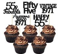 Gyufise 30Pcs Happy 55th Birthday Cupcake Toppers Glitter Fifty Five Vintage 1971 Cupcake Picks Cheers to 55 Fabulous Cake Decorations for Happy 55th Birthday Wedding Anniversary Party Supplies Black