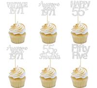 Gyufise 30Pcs Happy 55th Birthday Cupcake Toppers Glitter Fifty Five Vintage 1971 Cupcake Picks Cheers to 55 Fabulous Cake Decorations for Happy 55th Birthday Wedding Anniversary Party Supplies Silver