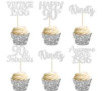 Gyufise 30Pcs Happy 90th Birthday Cupcake Toppers Glitter Awesome Since 1936 Ninety 90 Fabulous Vintage 1936 Cupcake Picks for 90th Birthday Anniversary Retirement Party Supplies Silver