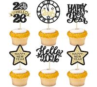 Gyufise 30Pcs Happy New Year 2026 Cupcake Toppers Hello 2026 Cupcake Picks Cheers to 2026 Midnight Clock Fireworks Hello 2026 Cake Decorations for 2026 Happy New Year Eve Party Supplies Black