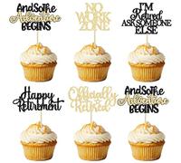 Gyufise 30Pcs Happy Retirement Cupcake Toppers Officially Retired Cupcake Picks No Work Zone Adventure Begins Cake Decorations for Retirement Theme Farewell Birthday Party Supplies Black Gold