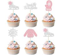 Gyufise 30Pcs Little Snowflake Cupcake Toppers Glitter Skate Shoe Gloves Sweater Cake Topper Decorations for Snowflake Theme Winter Wonderland Baby Shower Birthday Party Supplies Pink