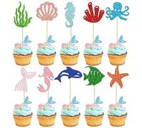 Gyufise 30Pcs Mermaid Cupcake Toppers Glitter Starfish Coral Mermaid Tail Cupcake Picks Octopus Seahorse Jellyfish Cake Decorations for Under the Sea Mermaid Theme Baby Shower Birthday Party Supplies