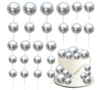 Gyufise 30Pcs Mini Balloon Cake Topper Foam Ball Cake Picks Cupcake Faux Pearl Balls DIY Cake Insert Topper Decoration for Anniversary Graduation Birthday Party Baby Shower Silver