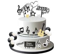 Gyufise 30Pcs Rock Music Happy Birthday Cake Topper Piano Guitar Cake Toppers Glitter Music Notes Balls Cake Decorations for Musician Birthday Party Supplies Black White