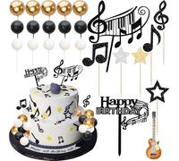 Gyufise 30Pcs Rock Music Happy Birthday Cake Topper Piano Guitar Cake Toppers Glitter Music Notes Balls Cake Decorations for Musician Birthday Party Supplies Black White Silver