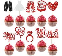 Gyufise 30Pcs She Said Yes Cupcake Toppers Glitter Diamond Ring I Do Love Cupcake Picks Miss to Mrs He Asked Bridal Shower Wedding Engagement Bachelorette Cake Decoration Red