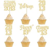 Gyufise 30Pcs Straight Outta 2013 Cupcake Toppers Glitter Thirteen 13 Fabulous Happy 13th Birthday Cupcake Picks Cheers to 13 Years for 13th Birthday Wedding Anniversary Party Supplies Gold