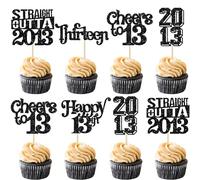 Gyufise 30Pcs Straight Outta 2013 Cupcake Toppers Glitter Thirteen 13 Fabulous Happy 13th Birthday Cupcake Picks Cheers to 13 Years for 13th Birthday Wedding Anniversary Party Supplies Black