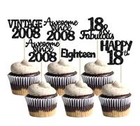 Gyufise 30Pcs Vintage 2008 Cupcake Toppers Glitter Eighteen 18 Fabulous Happy 18th Birthday Cupcake Picks Awesome Since 2007 Cake Decorations for 18th Birthday Anniversary Party Supplies Black