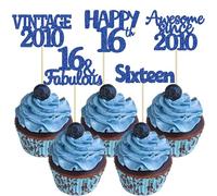 Gyufise 30Pcs Vintage 2010 Cupcake Toppers Glitter Sixteen 16 Fabulous Happy 16th Birthday Cupcake Picks Cheers to 16 Years for 16th Birthday Wedding Anniversary Party Cake Decorations Supplies Blue