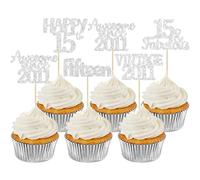 Gyufise 30Pcs Vintage 2011 Cupcake Toppers Glitter Fifteen 15 Fabulous Happy 15th Birthday Cupcake Picks Cheers to 15 Years for 15th Birthday Wedding Anniversary Party Cake Decorations Supplies Silver