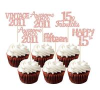 Gyufise 30Pcs Vintage 2011 Cupcake Toppers Glitter Fifteen 15 Fabulous Happy 15th Birthday Cupcake Picks Cheers to 15 Years for 15th Birthday Wedding Anniversary Party Supplies Rose Gold