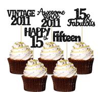 Gyufise 30Pcs Vintage 2011 Cupcake Toppers Glitter Fifteen 15 Fabulous Happy 15th Birthday Cupcake Picks Cheers to 15 Years for 15th Birthday Wedding Anniversary Party Cake Decorations Supplies Black